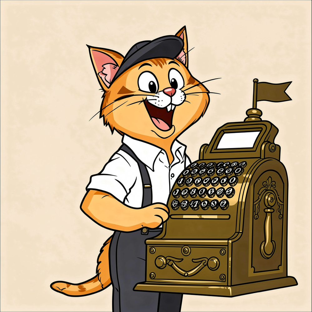 a ginger cat cashier working an old brass cash register