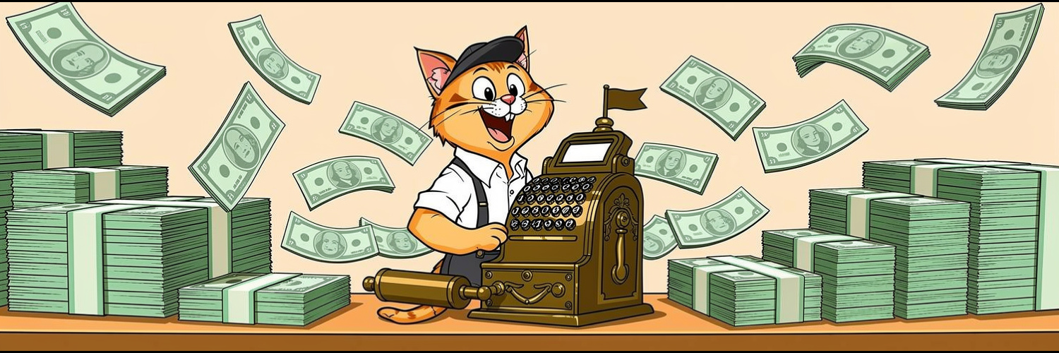 the same cashier cat behind a counter, dollar bills flying and stacked around him